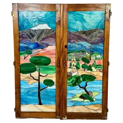 Pre-owned Tiffany & Co Tiffany-style Stained Glass Window Panel Shutter Doors In Brown
