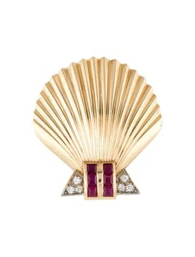 Pre-owned Tiffany & Co Vintage 14k Vintage Ruby & Diamond Shell Brooch In Multi