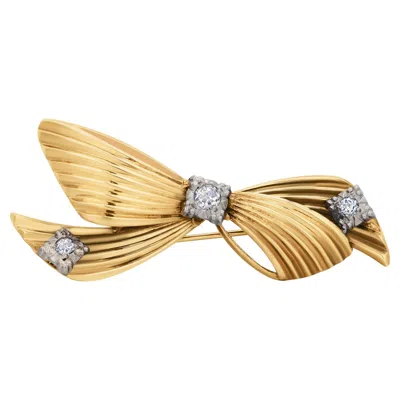 Pre-owned Tiffany & Co Tiffany And Co. Vintage 14k Yellow Gold Diamond Bow Love Knot Brooch