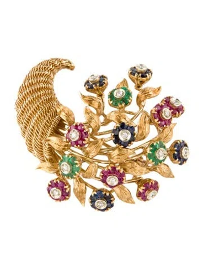 Pre-owned Tiffany & Co Vintage 18k Diamond & Multistone Cornucopia Brooch