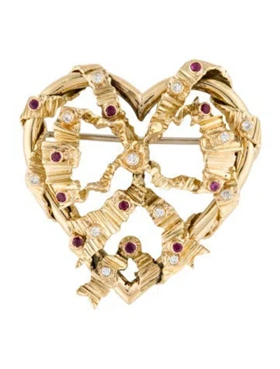 Pre-owned Tiffany & Co Vintage 18k Diamond & Ruby Heart Ribbon Brooch In Multi