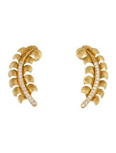 Pre-owned Tiffany & Co Vintage 18k Diamond Feather Earclips In Multi