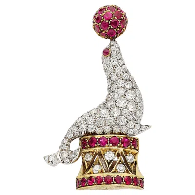 Pre-owned Tiffany & Co . Vintage 18k Gold/platinum Diamond Ruby Seal Brooch Historical! In Multiple