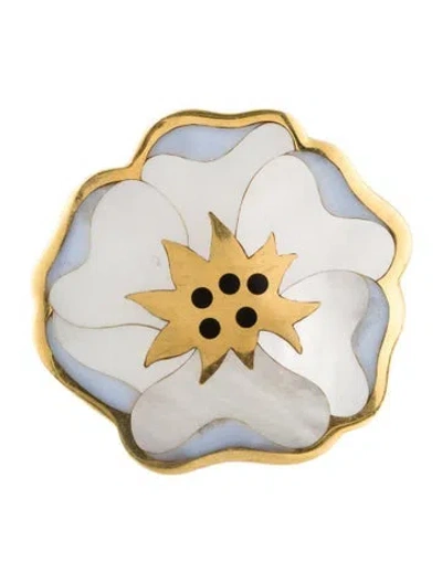 Pre-owned Tiffany & Co Vintage 18k Mother Of Pearl, Chalcedony & Nephrite Flower Brooch In White