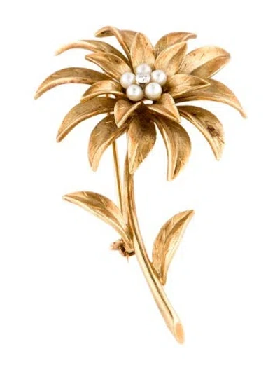 Pre-owned Tiffany & Co Vintage 18k Pearl & Diamond Dahlia Flower Brooch In Multi