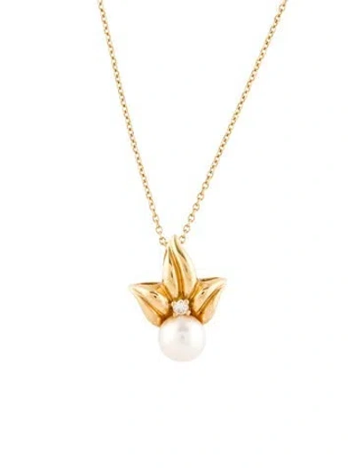 Pre-owned Tiffany & Co Vintage 18k Pearl & Diamond Pendant Necklace, 19.5" In Multi