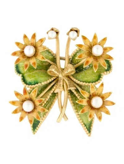 Pre-owned Tiffany & Co Vintage 18k Pearl & Enamel Butterfly Brooch In Multi