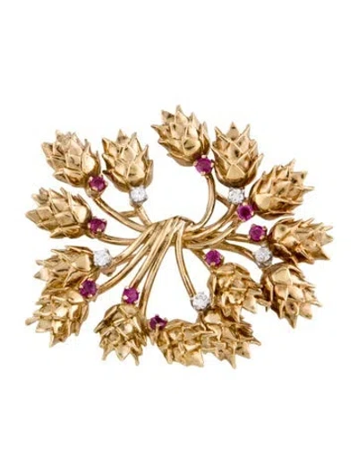 Pre-owned Tiffany & Co Vintage 18k Ruby & Diamond Thistle Brooch In Multi