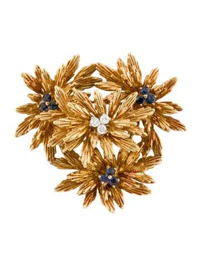 Pre-owned Tiffany & Co Vintage 18k Sapphire & Diamond Flower Brooch Pin In Multi