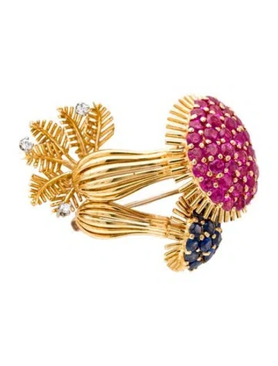 Pre-owned Tiffany & Co Vintage 18k Sapphire & Diamond Mushroom Brooch In Multi