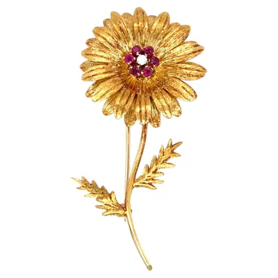 Pre-owned Tiffany & Co Tiffany And Co. Vintage 18k Yellow Gold Ruby & Diamond Sunflower Brooch