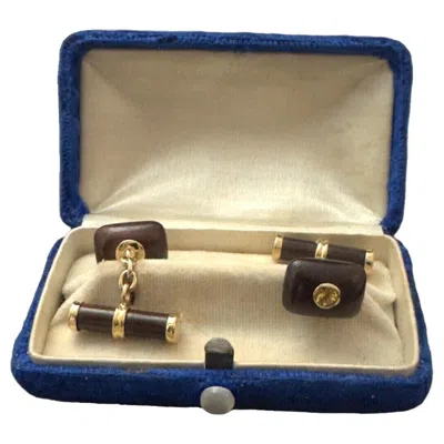 Pre-owned Tiffany & Co . Vintage 18k Yellow Gold, Wood & Yellow Sapphire Cufflinks 1970s