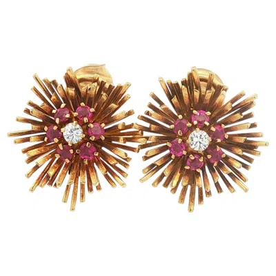 Pre-owned Tiffany & Co Vintage Mid-century  18k Ruby And Diamond Sunburst Earring In Multi