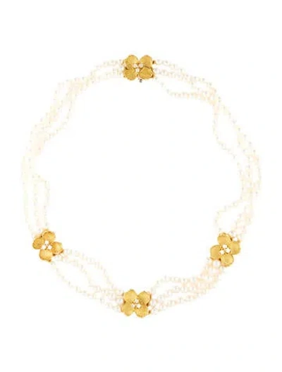 Pre-owned Tiffany & Co Vintage Pearl & Diamond Dogwood Choker Necklace, 16" In Multicolor