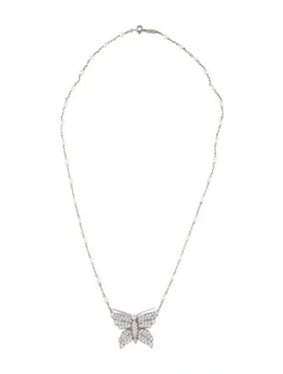 Pre-owned Tiffany & Co Vintage Platinum Pearl & Diamond Butterfly Necklace, 17.5" In Multi