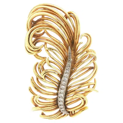 Pre-owned Tiffany & Co Vintage Rare . 18k Mid-century Plumed Feather Brooch W/diamond Spine In Multi
