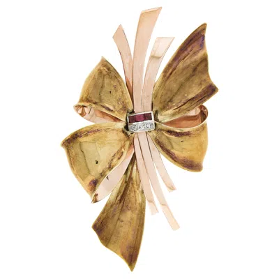 Pre-owned Tiffany & Co Vintage Retro . 14k Gold Ruby & Diamond Bow Ribbon Pin Brooch In Multi