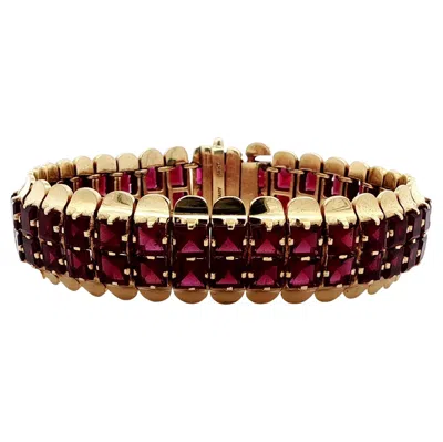 Pre-owned Tiffany & Co Vintage Retro . Solid Gold Red Garnet 2 Row Flared Edges Bracelet