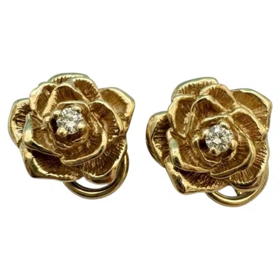 Pre-owned Tiffany & Co . Vintage Rose Flower Diamond 14k Yellow Gold Clip-on Earrings