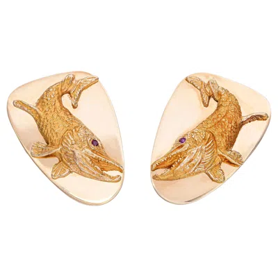 Pre-owned Tiffany & Co Vintage . 14k Yellow Gold And Ruby Muskellunge Fish Cufflinks