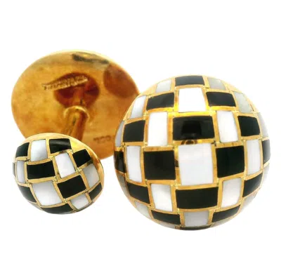 Pre-owned Tiffany & Co Vintage  18k Gold Inlaid Checkerboard Mop Black Onyx Round Cufflinks