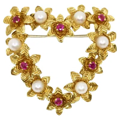 Pre-owned Tiffany & Co Vintage . 18k Gold Ruby Pearl Heart Brooch Pin In Multi