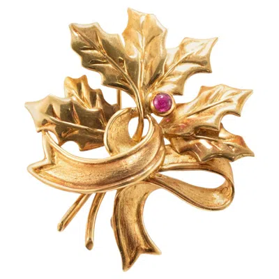 Pre-owned Tiffany & Co Vintage . 18k Yellow Gold 0.06ct Cabochon Ruby Leaf Brooch
