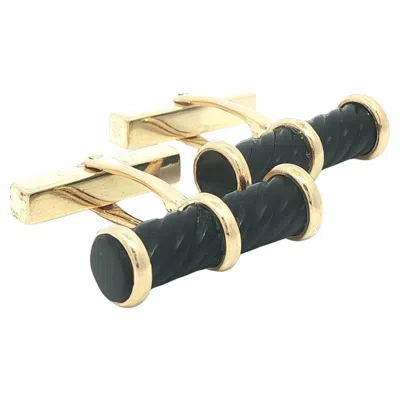 Pre-owned Tiffany & Co Vintage . Collectible 14k Gold Ribbed Cylinder Black Onyx Cufflinks