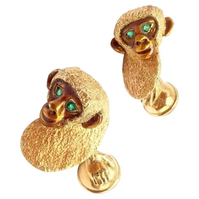 Pre-owned Tiffany & Co Vintage . Emerald Enamel Monkey Yellow Gold Cufflinks