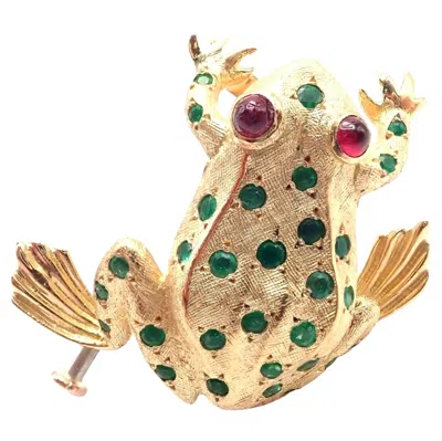 Pre-owned Tiffany & Co Vintage  France Ruby Emerald Frog Yellow Gold Pin Brooch