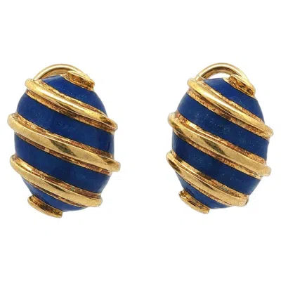 Pre-owned Tiffany & Co Vintage . Schlumberger 18k Gold Blue Enamel Button Clip On Earrings