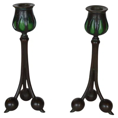 Pre-owned Tiffany & Co Vintage Tiffany Bronze & Green Favrile Glass Candlesticks