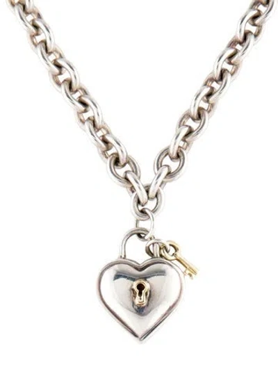 Pre-owned Tiffany & Co Vintage Two-tone Heart Lock & Key Pendant Necklace, 16" In Multi