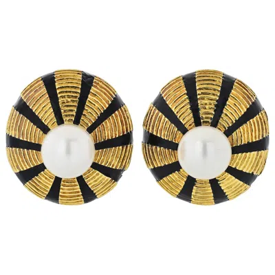 Pre-owned Tiffany & Co . Yellow Gold Black Enamel And Pearl Omega Taj Mahal Clip-on Earring