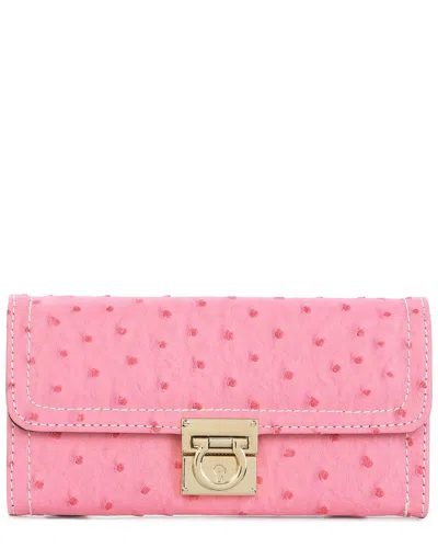 Tiffany & Fred Paris Classic Ostrich-embossed Leather Wallet In Pink