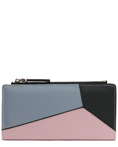 Tiffany & Fred Paris Color-patch Long Leather Wallet In Grey/pink
