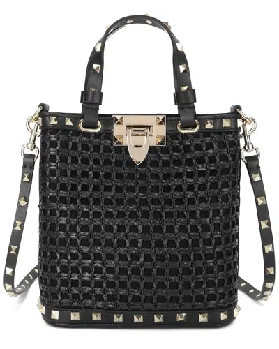 Tiffany & Fred Paris Elegant Woven Raffia & Leather Tote In Black