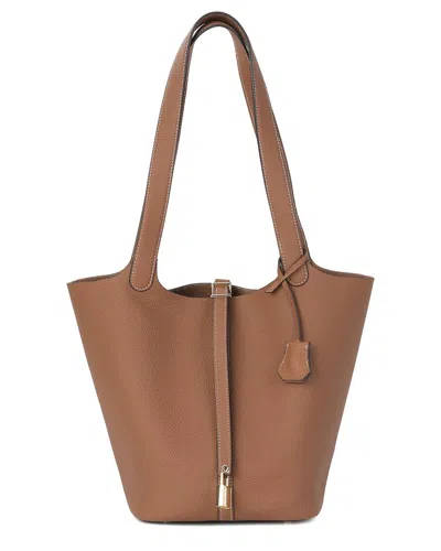 Tiffany & Fred Paris Pebbled Leather Bucket Tote W In Neutral