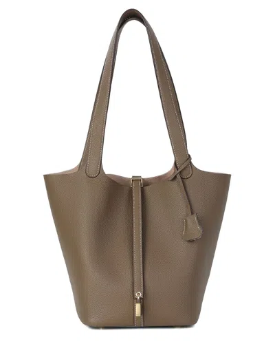 Tiffany & Fred Paris Pebbled Leather Bucket Tote W In Neutral