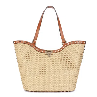 Tiffany & Fred Paris Raffia & Leather Large Tote Bag In Beige