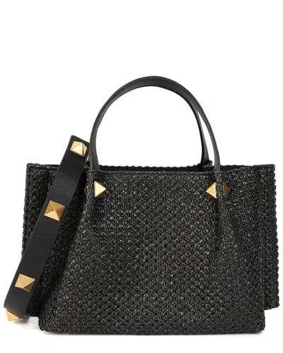 Tiffany & Fred Paris Raffia & Leather Top-handle Shoulder Bag In Black