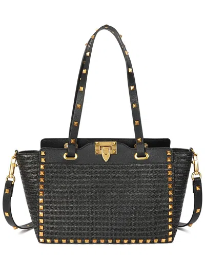 Tiffany & Fred Paris Raffia & Leather Tote In Black