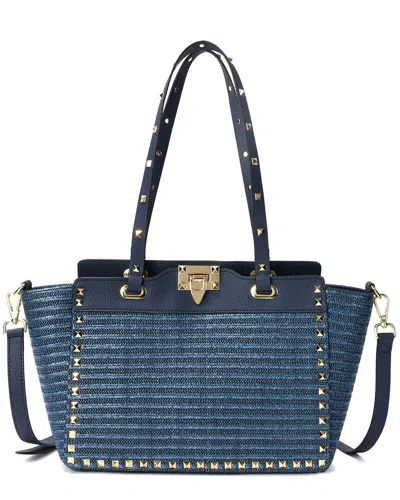 Tiffany & Fred Paris Raffia & Leather Tote In Navy