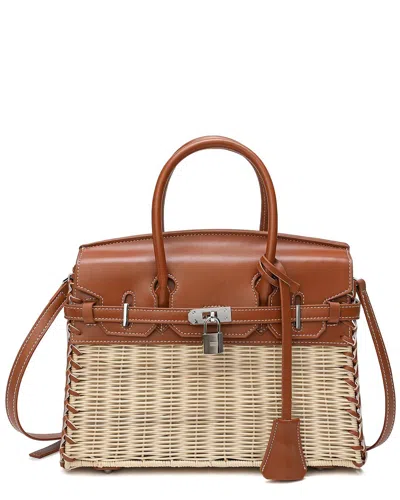 Tiffany & Fred Paris Smooth Leather & Straw Top Handle Satchel In Brown