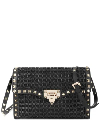 Tiffany & Fred Paris Studded Woven Raffia & Leather Crossbody In Black