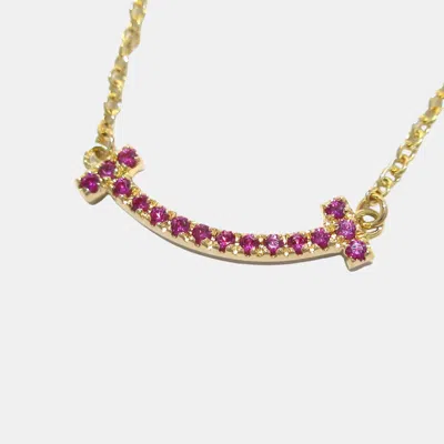 Pre-owned Tiffany & Co 18k Rose Gold Pink Sapphire Mini T Smile Pendant Necklace