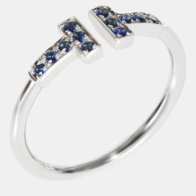 Pre-owned Tiffany & Co 18k White Gold 0.14 Ctw T Wire Blue Sapphire Ring Us 7