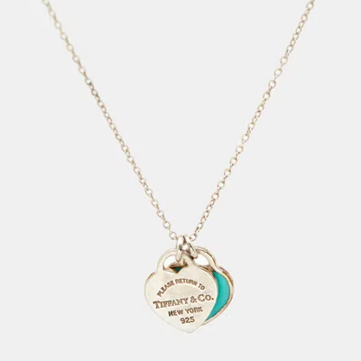 Pre-owned Tiffany & Co Return To Tiffany Mini Double Heart Tag Pendant Blue Enamel Sterling Silver Chain Necklace