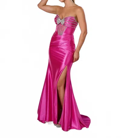 Tiffany Designs Beaded Fitted Strapless Slit Gown In Hot Pink