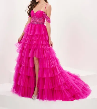 Tiffany Designs Beaded Sheer Corset Ruffled Slit Gown In Magenta In Pink